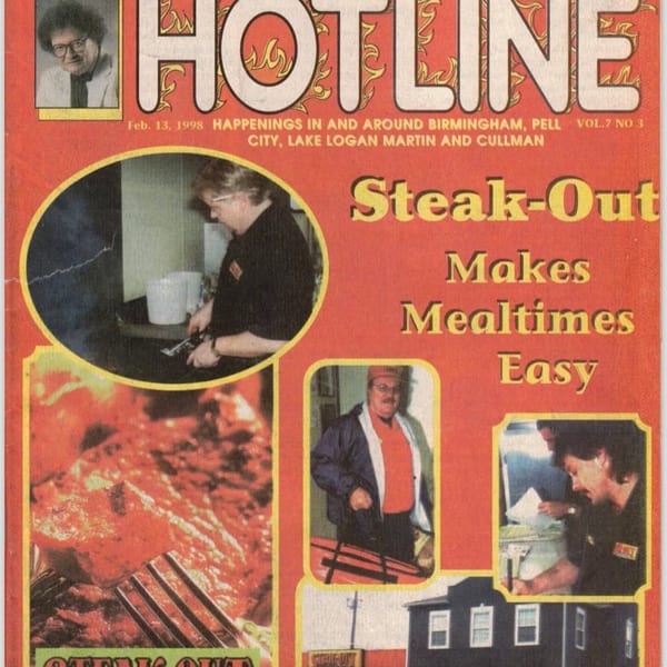 A magazine cover for "Dennis Washburn's Hotline" featuring Steak-Out Char-Broiled Delivery with multiple images.