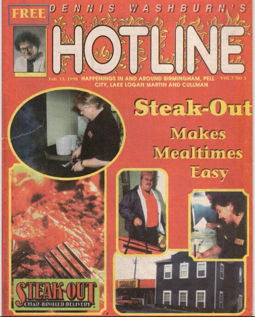 A magazine cover for "Dennis Washburn's Hotline" featuring Steak-Out Char-Broiled Delivery with multiple images.